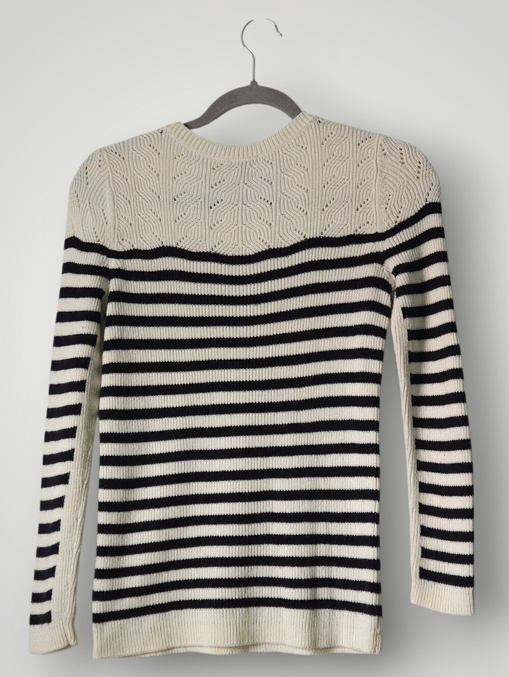 Talbots Petites Breton Stripe Sweater SP Navy Cream Gold Crown Button Pointelle - Picture 3 of 8